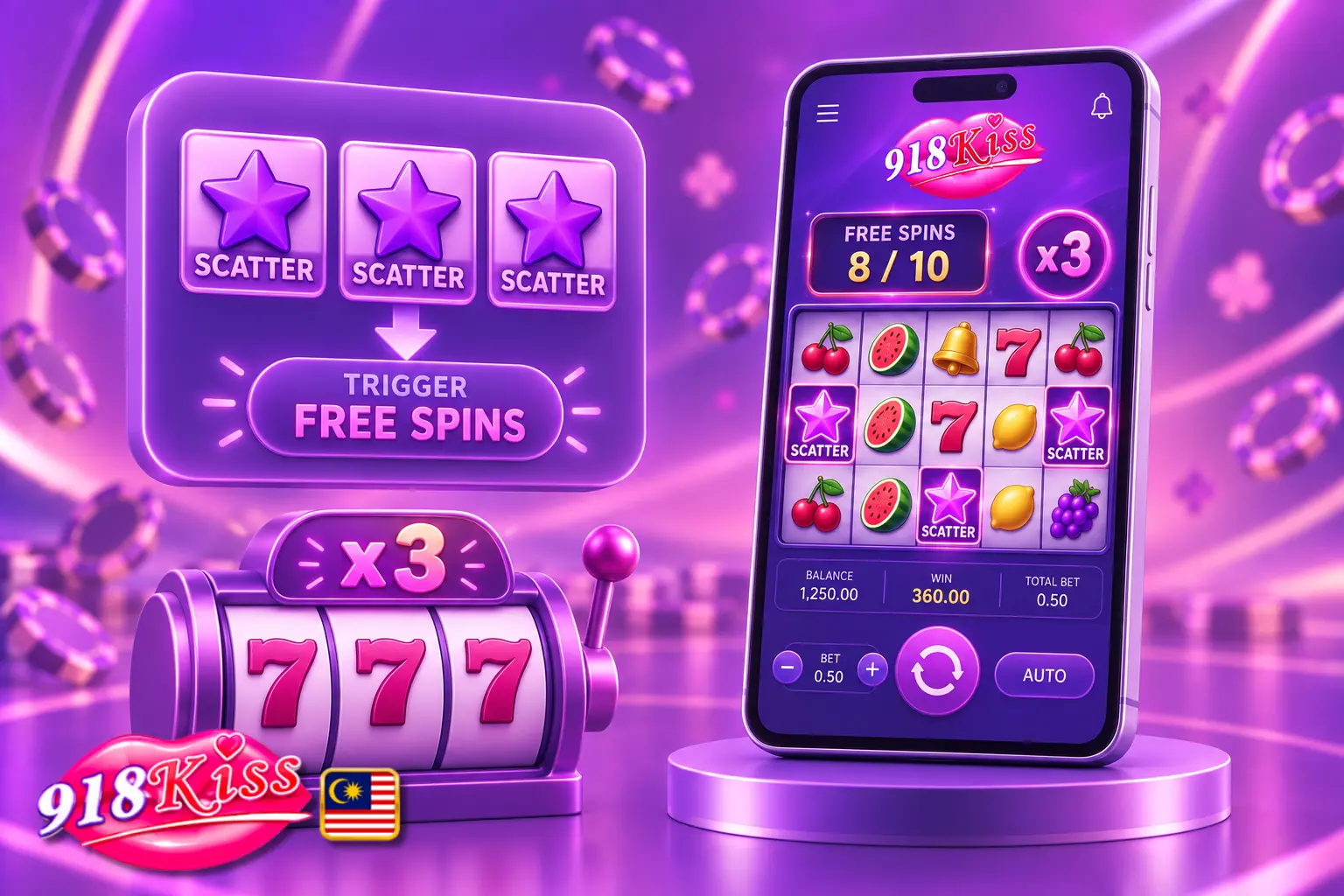 918Kiss bonus rounds with free spins and scatter triggers